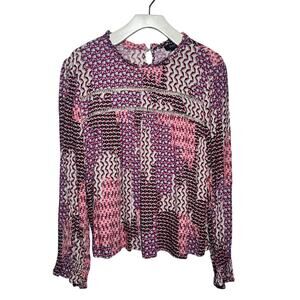 Fate Top Women L Pink Purple Long Sleeve Modest Abstract Ruffle Blouse Career